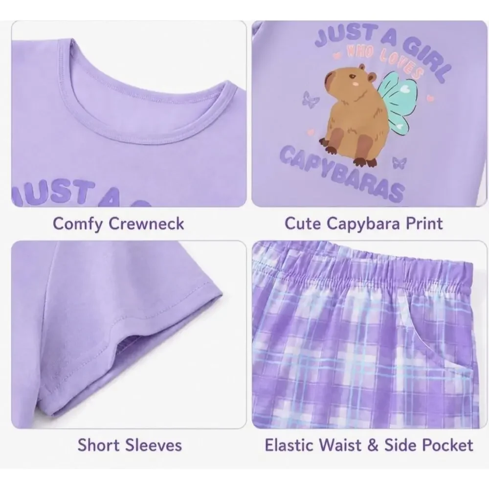 Purple Plaid Capybara Short Sleeves & Shorts Soft 2-Piece PJ Set Kid Jammies 10